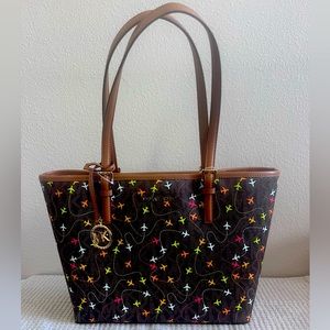 Michael Kors Jet Set Brown Multi Color Airplane Print Carryall Tote Bran…